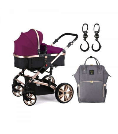 TEKNUM - 3 IN 1 PRAM STROLLER, DIAPER BAG & HOOKS - WINE GREY