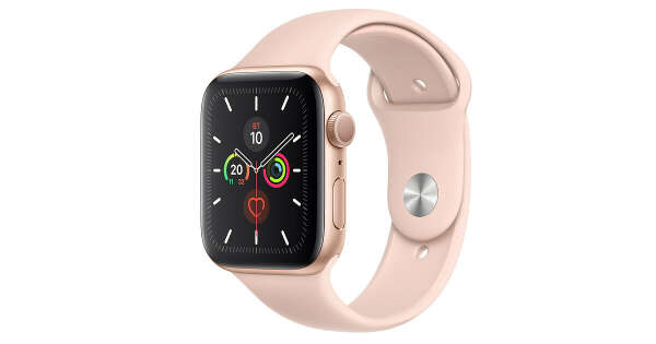 Apple Watch Series 5. Корпус 44 мм, алюминий золотого цвета. Спортивный ремешок цвета «розовый песок»