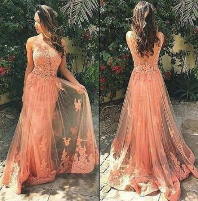 Charming Lace Tulle Peach Unique Pretty Formal Inexpensive Applique Long Prom Dresses, WG254