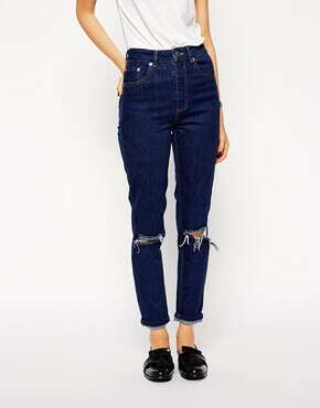 ASOS Farleigh High Waist Slim Mom Jeans in Rich Blue with Busted Knees