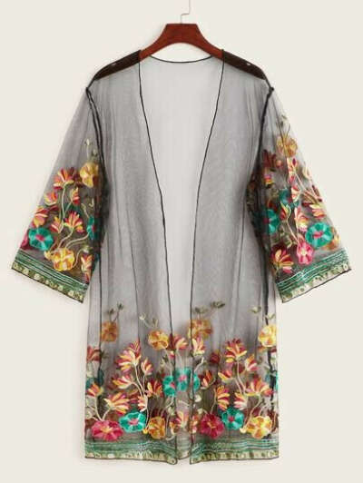 Прозрачное сетчатое кимоно с вышивкой