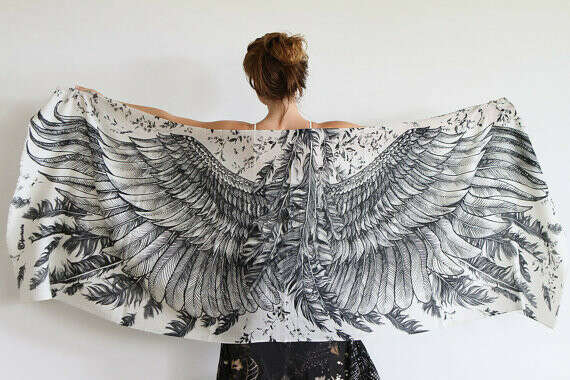 White Cotton scarf, Hand painted Wings and feathers, stunning unique and useful, perfect gift
