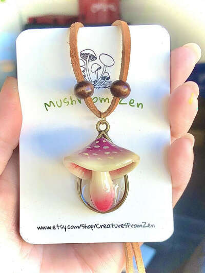 Spotted cherry blossom cap Petite mushroom pendant