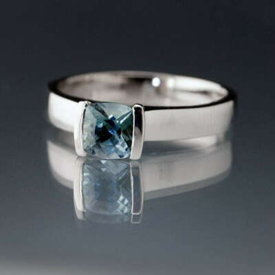 Cushion Teal Green/Blue Fair Trade Sapphire Modified Tension Solitaire Engagement Ring