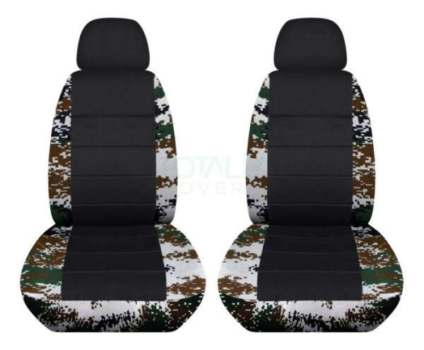 Front Camouflage and Black Car Seat Covers with 2 Separate Headrest Covers: Green Digital Camo and Black