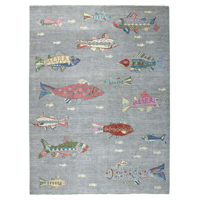 9&#039;2"x11&#039;10" Oceanic Fish Design 100% Wool Peshawar Hand Knotted Oriental Rug