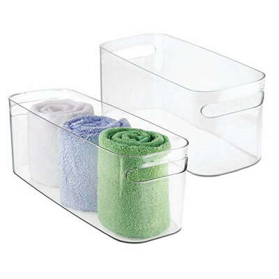 mDesign Set da 2 contenitori per il bagno - Organizer per il bagno di plastica per asciugamani, prodotti bagno e molto altro - Pratico cesto per il bagno con manici - trasparente: Amazon.it: Amazon.it