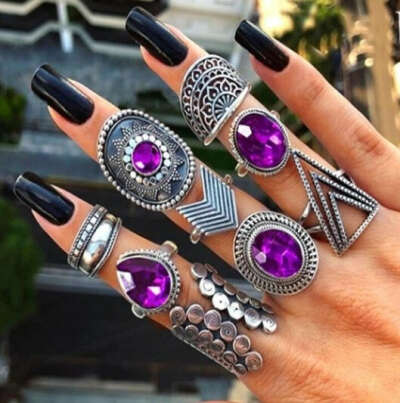 Vintage Purple Crystal Midi Knuckle Ring Set (9 Pcs)-quaintrellejewel.com