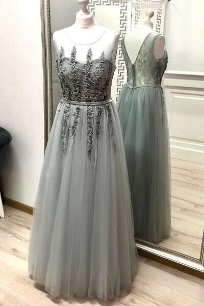 Gray A Line Tulle Appliques Prom Dresses, Long Cheap Prom Gown PFP0538