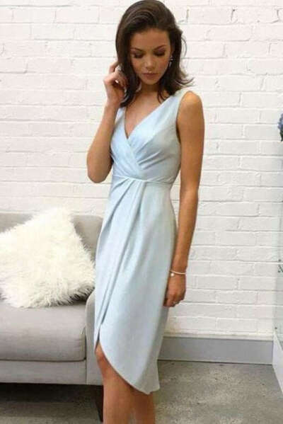 Elegant V Neck Sleeveless Light Blue Short Homecoming Dress,Cocktail Dresses PFH0117