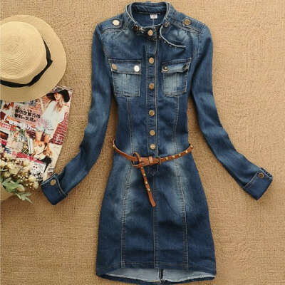 NAIULA 2014 Spring autumn fashion stand collar denim skirt denim long sleeve casual girl dress women free shipping AS1154-inDresses from Apparel & Accessories on Aliexpress.com