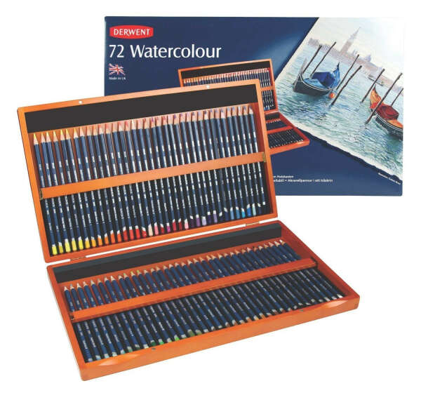 Derwent Watercolor Colored Pencils, 72 Watercolour, 3.4mm Core, Wooden Box, 72 Count (32891)