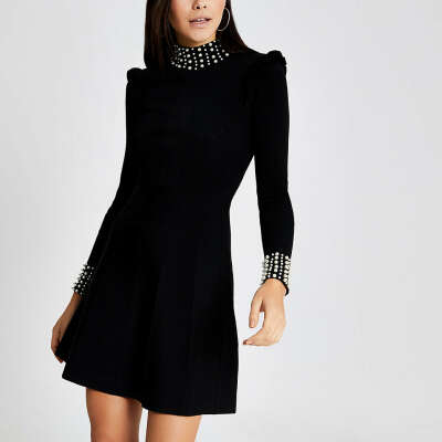 Black pearl embellished rib knitted dress