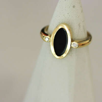 Small Moonlight Ring 14K Gold Diamond and Black Onyx