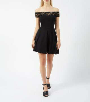 Black Lace Yoke Bardot Neck Skater Dress