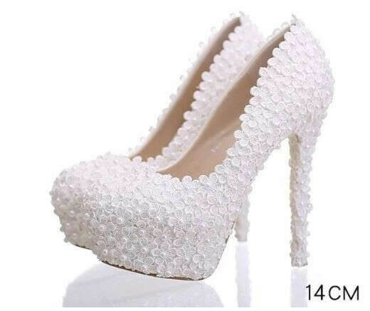 Pearls Lace Pointed Toe White High Heels Wedding Bridal Shoes, S016