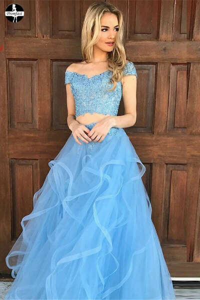 Promfast Sky Blue Tulle Two Piece Off the Shoulder Prom Dresses with Appliques PFP1989