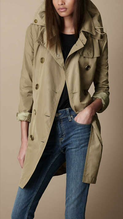 Mid-Length Technical Taffeta Hooded Trench Coat