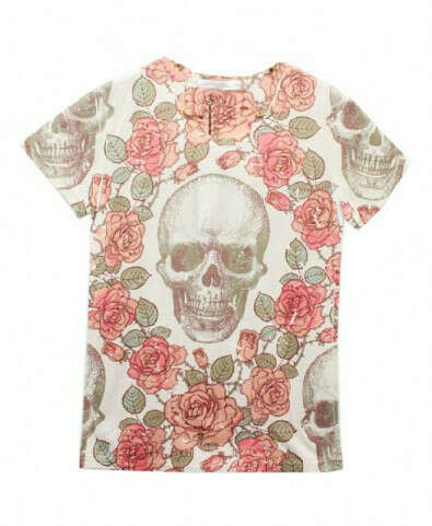 Skull and Rose Print T-shirt