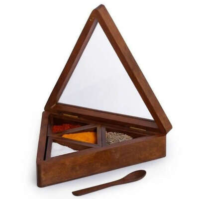 Sheesham Wood Spice Box Container - Spice Masala Box Holder In Triangle Shape