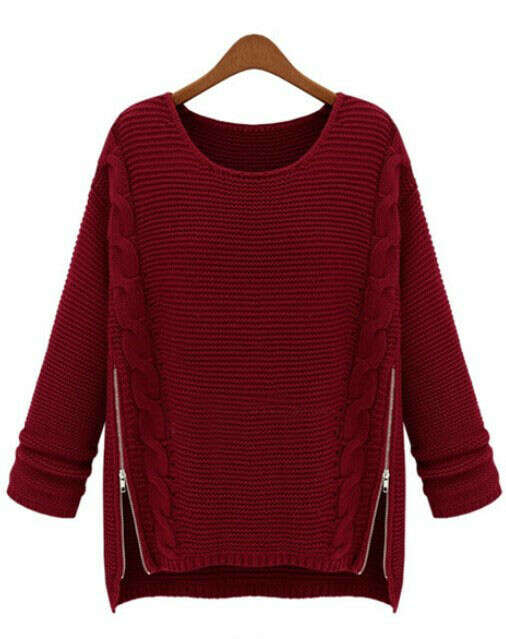 Wine Red Long Sleeve Side Zipper Cable Knit Sweater