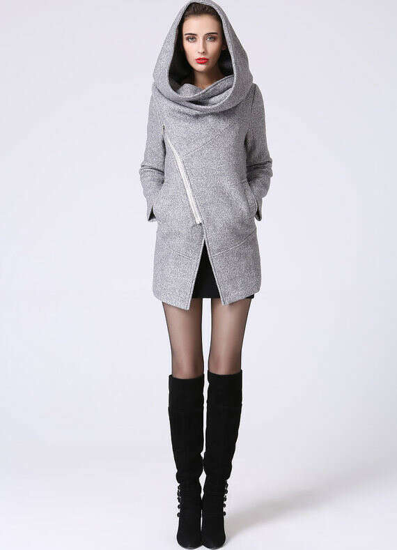 Asymmetrical Coat with Snood Hood - Women Pale Gray Mini Winter Jacket with Zipper  Closure & Pockets  (1060)