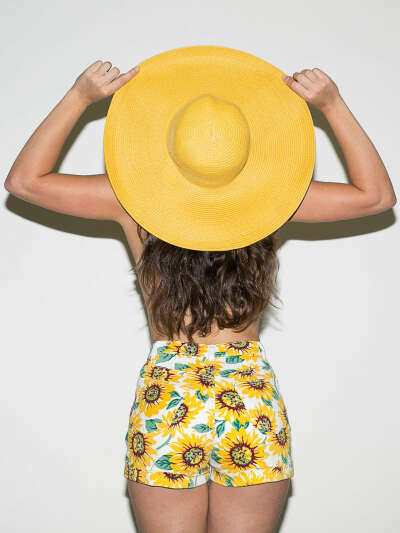 Sunflower Print Stretch Bull Denim High-Waist Cuff Short | American Apparel