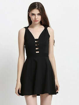 Black V-neck Lattice Detail Cross Back Cami A-line Dress - Choies.com