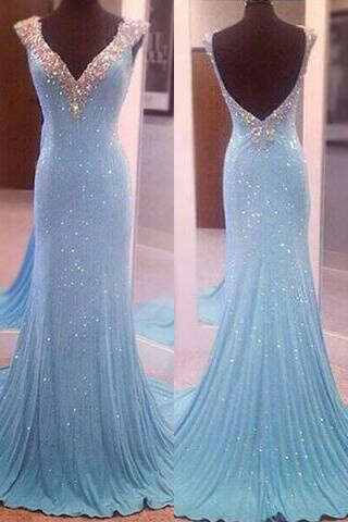 Modest V-Neck Sleeveless Sequins Blue Mermaid Backless Floor-Length Long Prom Dresses PFP0918