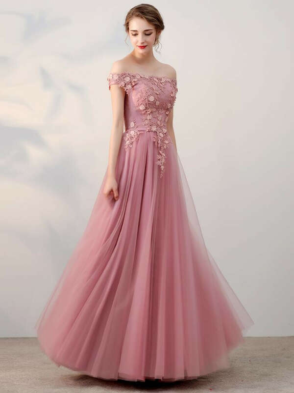 Chic A-line Off-the-shoulder Pink Applique Tulle Modest Long Prom Dress Evening Dress AM230