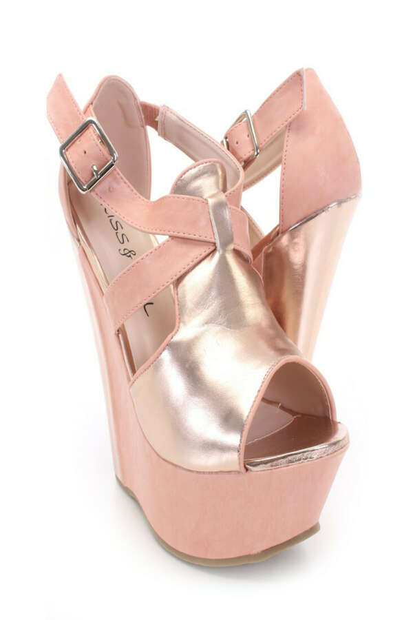 Pink Blush Faux Leather Metallic Detail Wedges