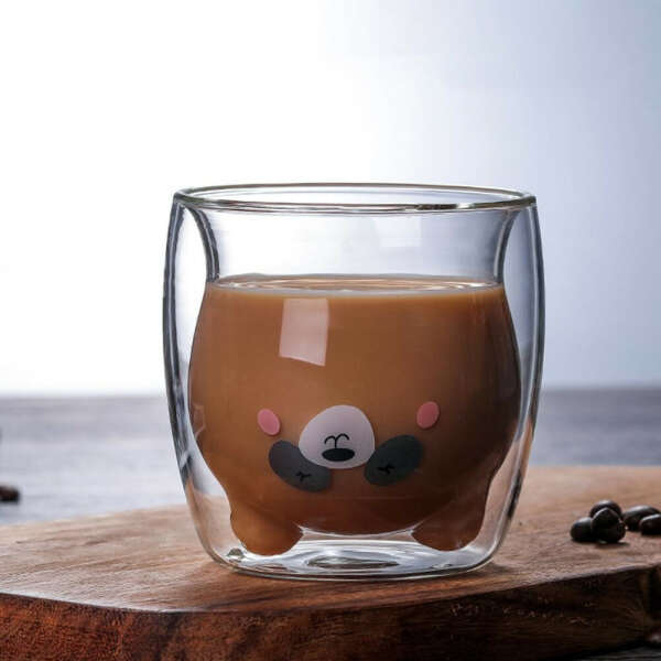 Прозрачная стеклянная кофейная кружка с двойными стенками с изображением медведя