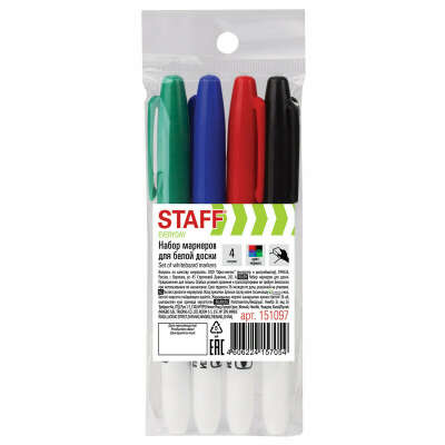 Маркеры для белой магнитной доски стирающиеся Staff, набор из 4 шт., 2,5 мм, тонкий корпус, цвет ассорти (черный, красный, синий, зеленый)