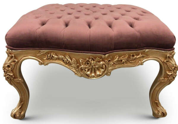 Lierre Giltwood, French Style , Gold Leaf , tufted Mauve Taupe Velvet Ottoman