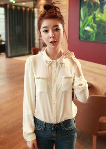 Formal Vogue Solid Color Long Sleeve Blouse Apricot
