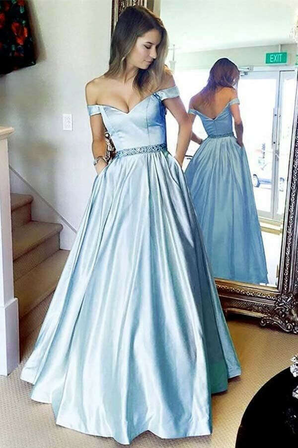 Stunning A-line Off the shoulder Sky Blue Long Prom Dress with Pocket PFP0527