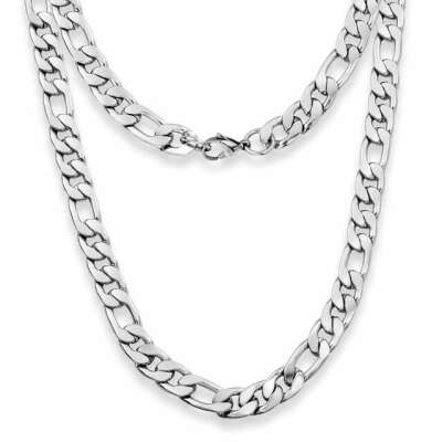 9mm Figaro Mens Necklace - Silver Chain Stainless Steel