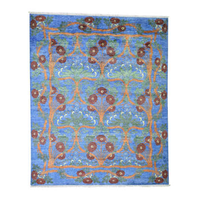 8&#039;x9&#039;8" Denim Blue Arts and Crafts Art Silk Hand Knotted Oriental Rug