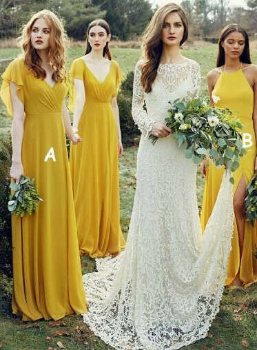 Mismatched Yellow Long Chiffon Cheap Bridesmaid Dresses Online, WG269