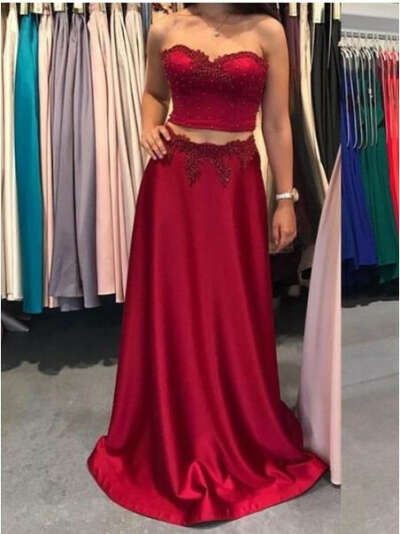 Sexy Two Pieces Strapless Red Long Evening Prom Dresses, 17710