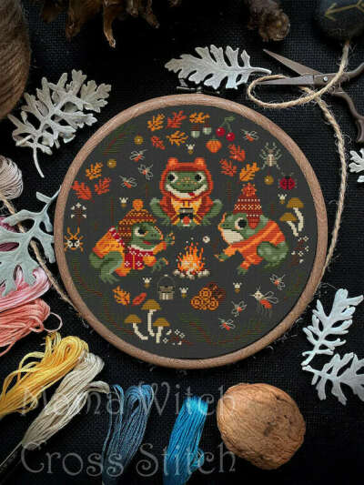 Camping, Toad, Frog, Bugs, Cross stitch pattern, Halloween color chart, Spooky Creepy Horror embroidery sample, Folk Art