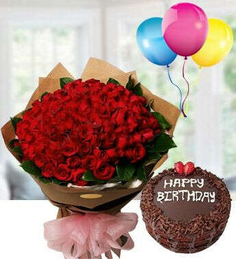 50 red rose bunch , chocolate cake & happy birthday ballons