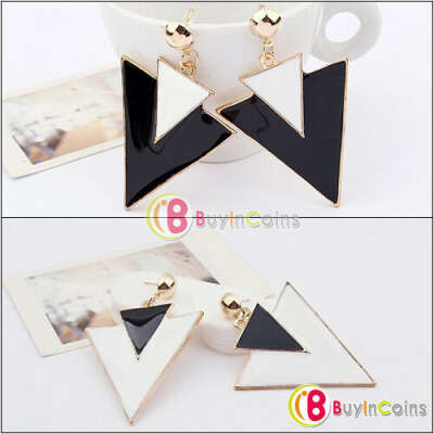 Fashion Women Korea Stylish Black White Double Triangle Pattern Hook Earrings