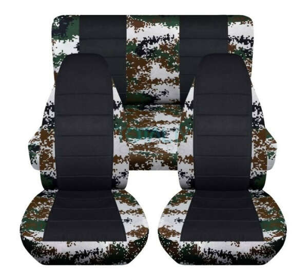 Full Set Camouflage and Black Car Seat Covers: Green Digital Camo and Black