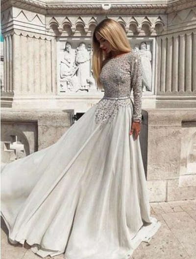 Long Sleeves Backless Grey Lace Beaded Cheap Evening Prom Dresses, Cheap Custom Sweet 16 Dresses, 18478