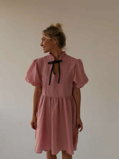 Alice Dress с бантиком- цвет пудра (лен)