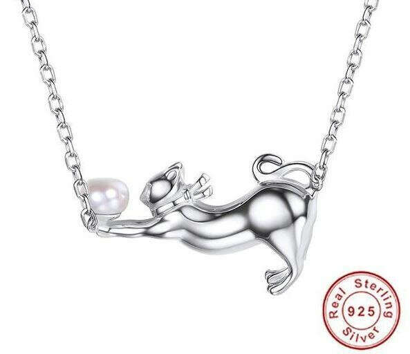 Pearl Silver Cat Charm Pendant with necklace