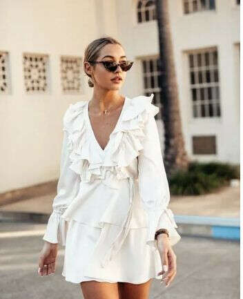 2018 New Fashion dress female Solid Ruffles Sashes Sexy long-sleeve V-neck Casual White dress