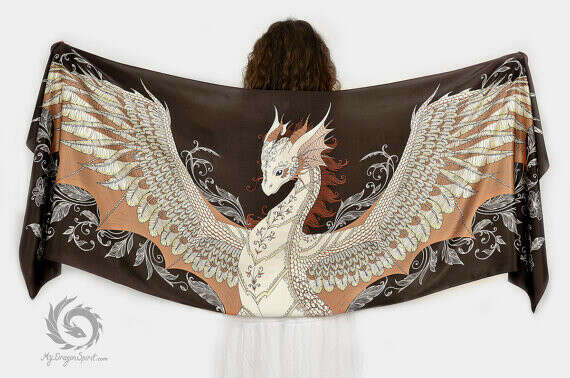 Brown silk scarf with a phoenix dragon
