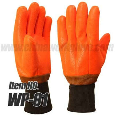 Fluorescent Orange PVC Winter Cold-resistant Safety Gloves, Knitted Wrist,Foam Insulated Liner, Smooth/Sandy/Rough Finish